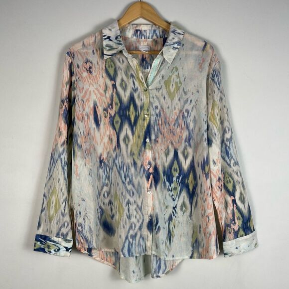 Chico's Watercolor Ikat Blue Green‎ Cotton Button Down Shirt Lightweight Size L - Picture 1 of 14